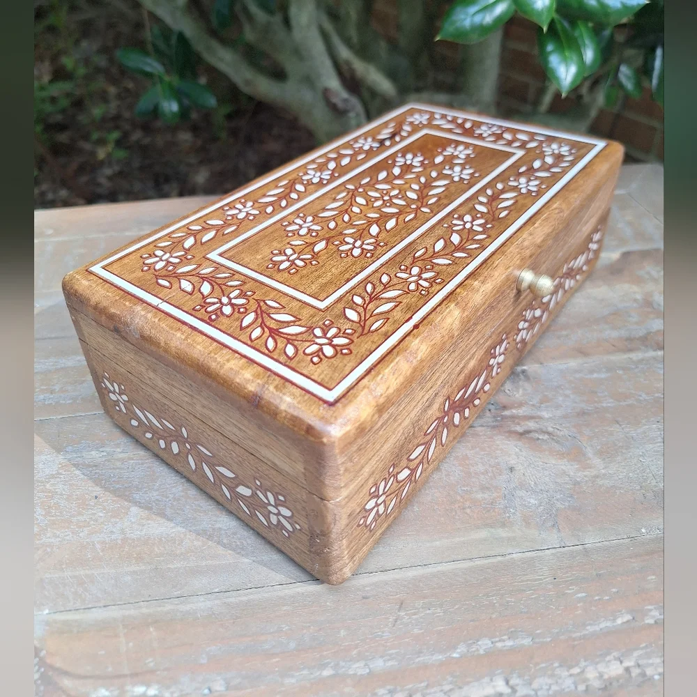 Wooden Box with Hinged Lid Jewelry  Trinket Box Rectangle Table Top Gold Handle